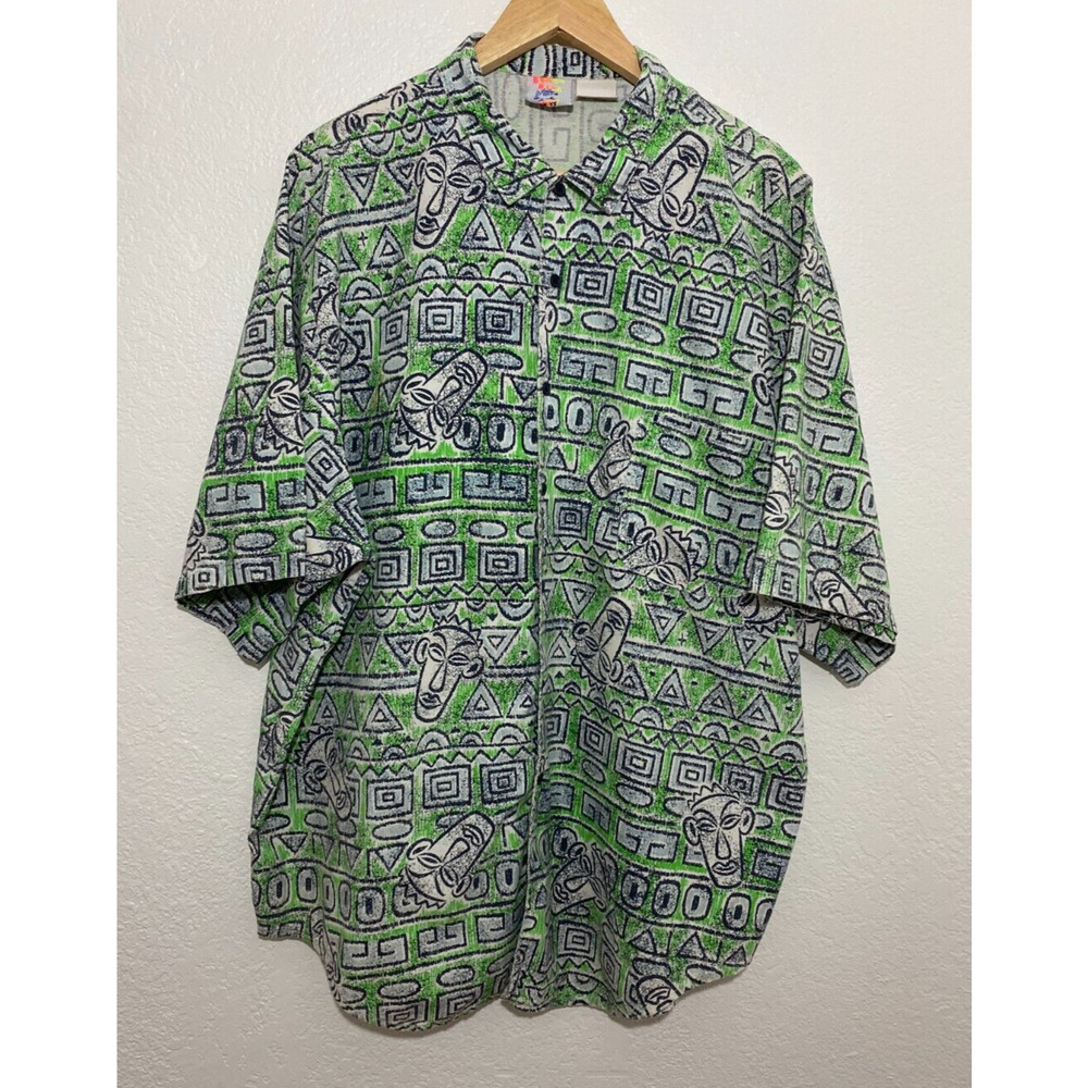 VTG Beach Blvd XL Green Shirt Button Up Mens Cotton Hawaiian Camp Tribal Design